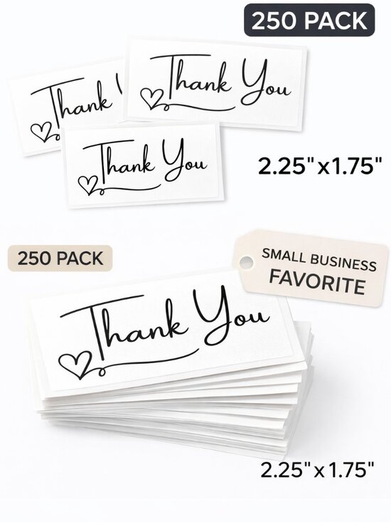 Hand Crafted Other - 250 Thank You Sticker Pack Rectangle 2.25x1.75" Small Business Simple Happy Mail